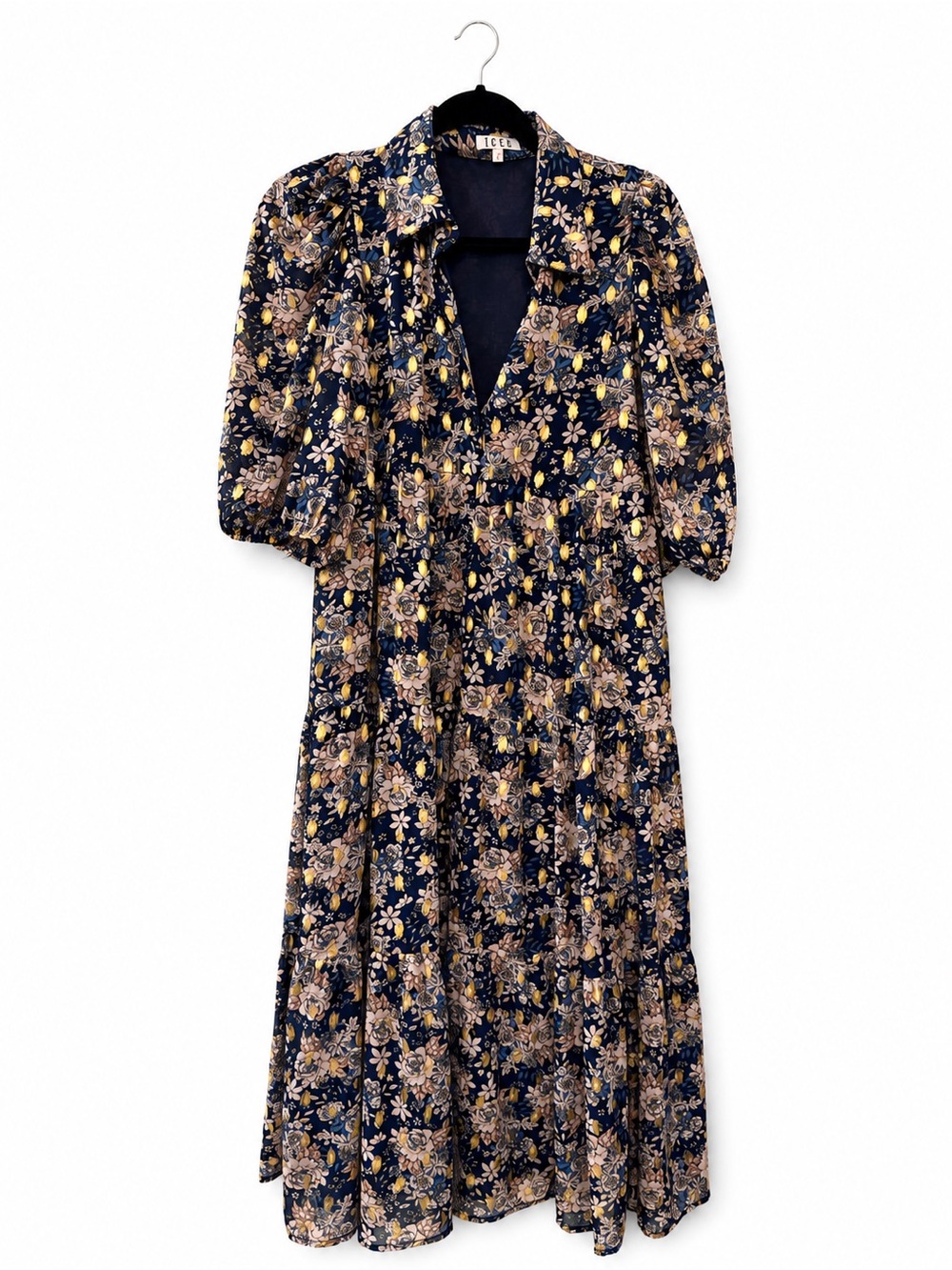 TCEC Navy Floral Midi Dress with Yellow and Beige Accents
